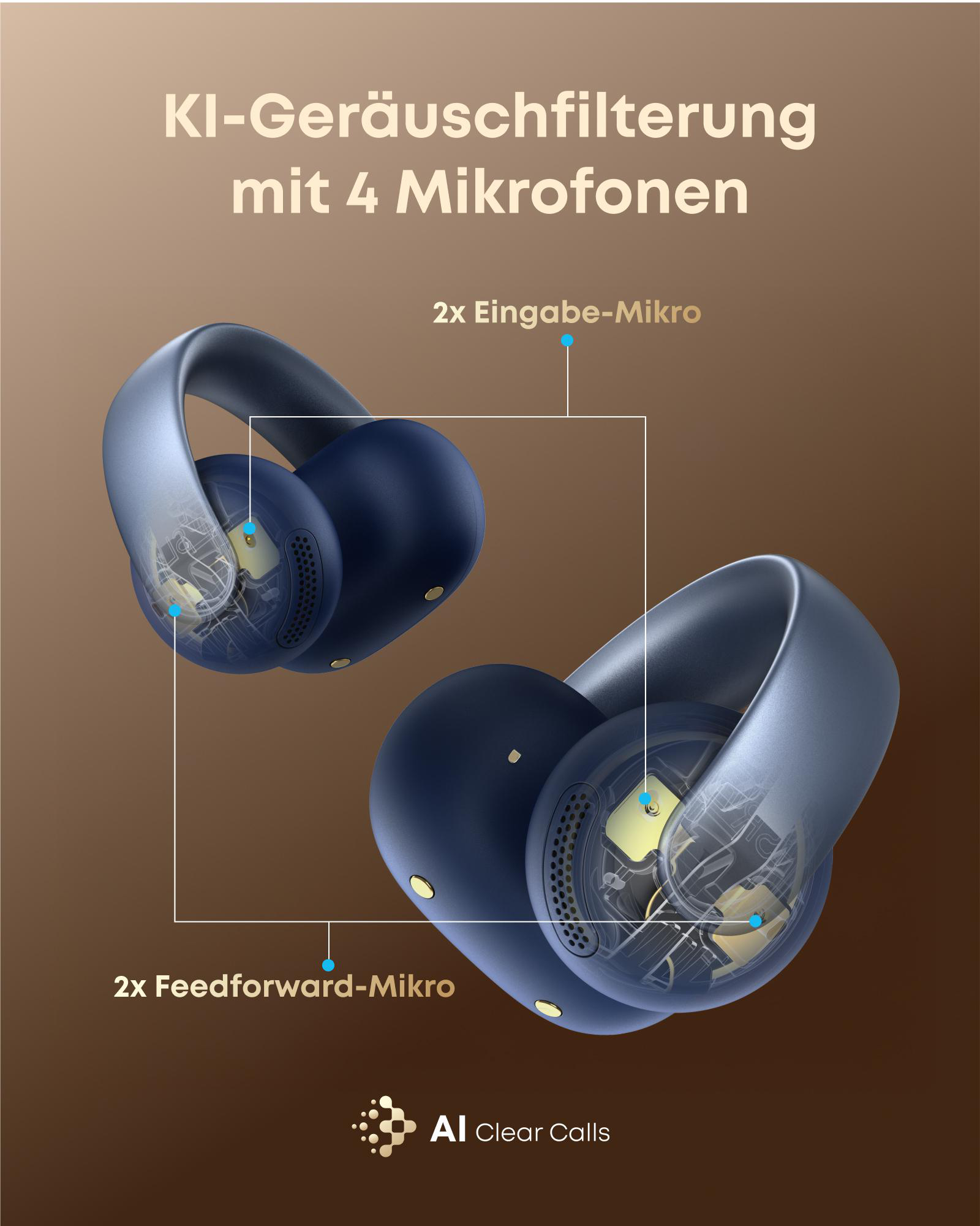 Das Bild zeigt zwei dunkelblaue Ohrhörer mit Text. Es zeigt auch das AI Clear Calls Logo.