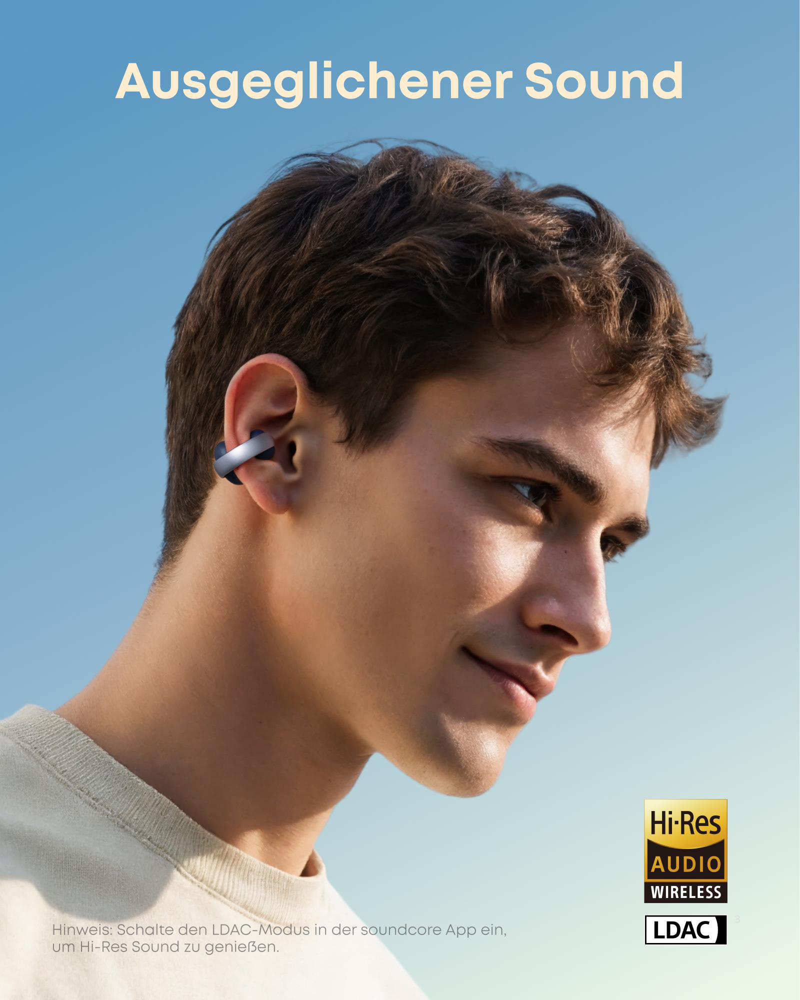 Ein Mann mit Ohrhörer lächelt. Text sagt 'Ausgeglichener Sound'. Logos für Hi-Res Audio Wireless und LDAC sind sichtbar.