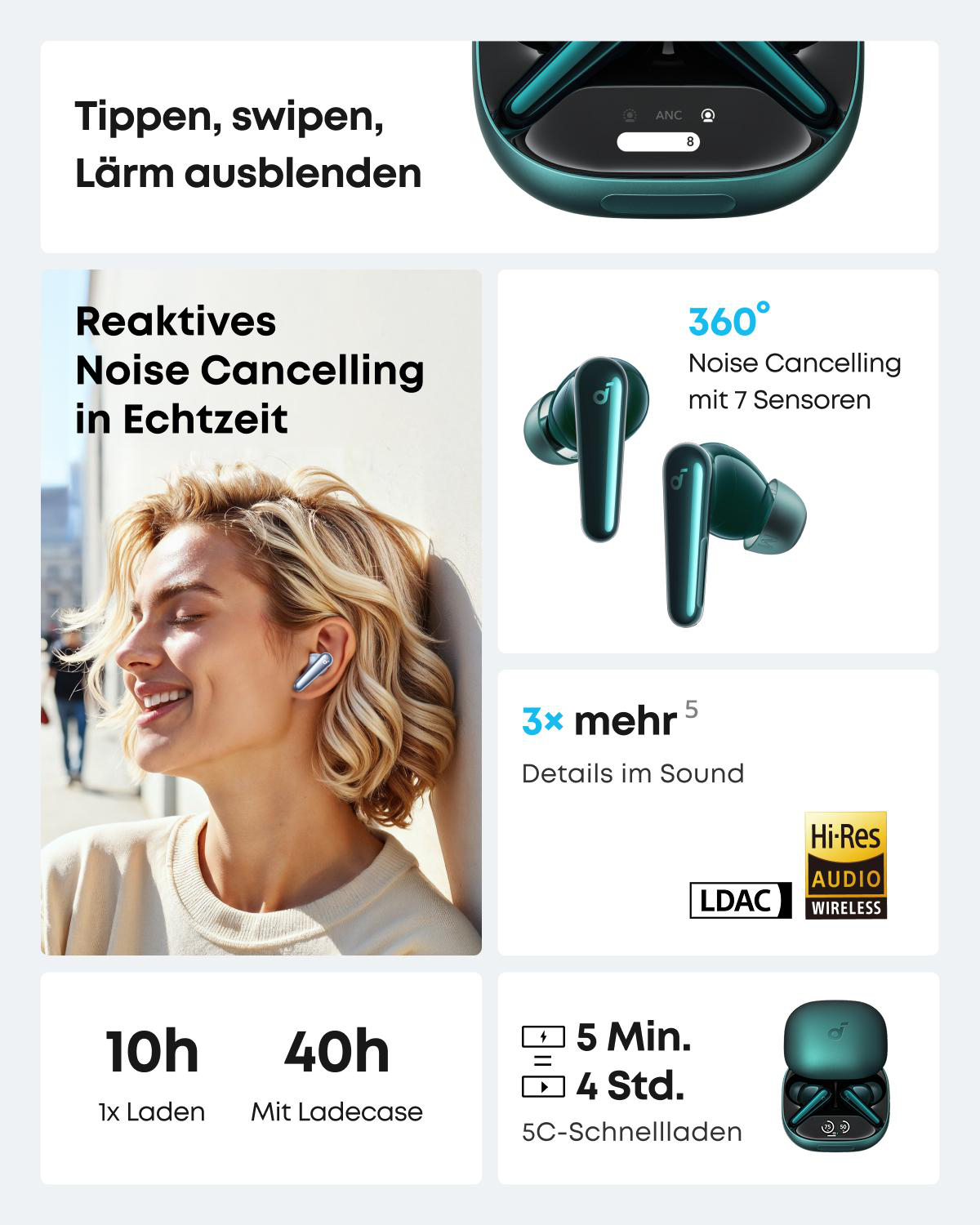 Das Bild zeigt Kopfhörerfunktionen. Frau trägt Kopfhörer. Text: Geräuschunterdrückung, 10h Akku, 40h mit Etui und Schnellladung.