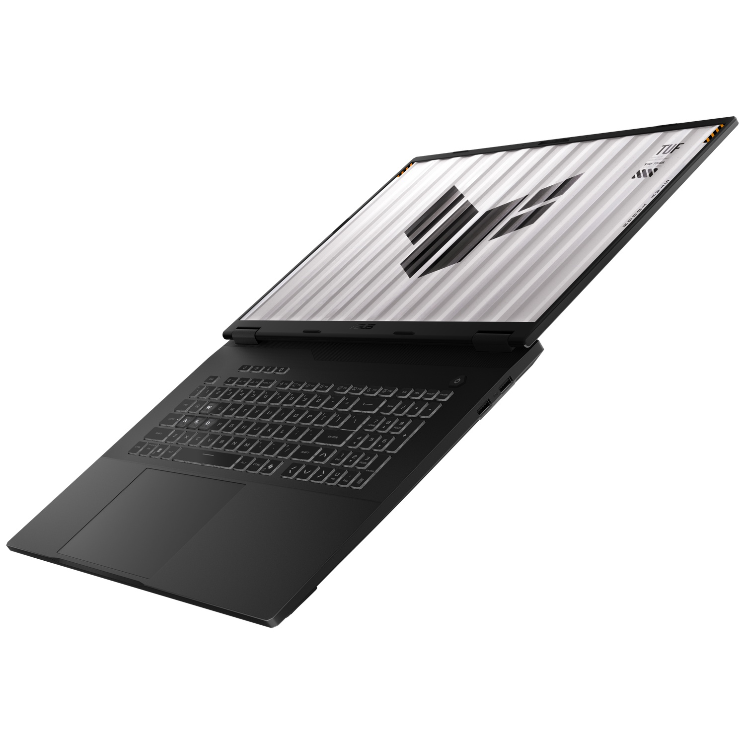 Black laptop, open. Screen shows a logo and lines. Keyboard is visible. The laptop is angled, on a white background.