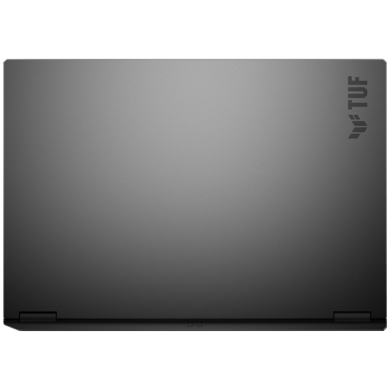 Top view of a closed gray laptop. The word 'TUF' and logo are on the upper right corner.