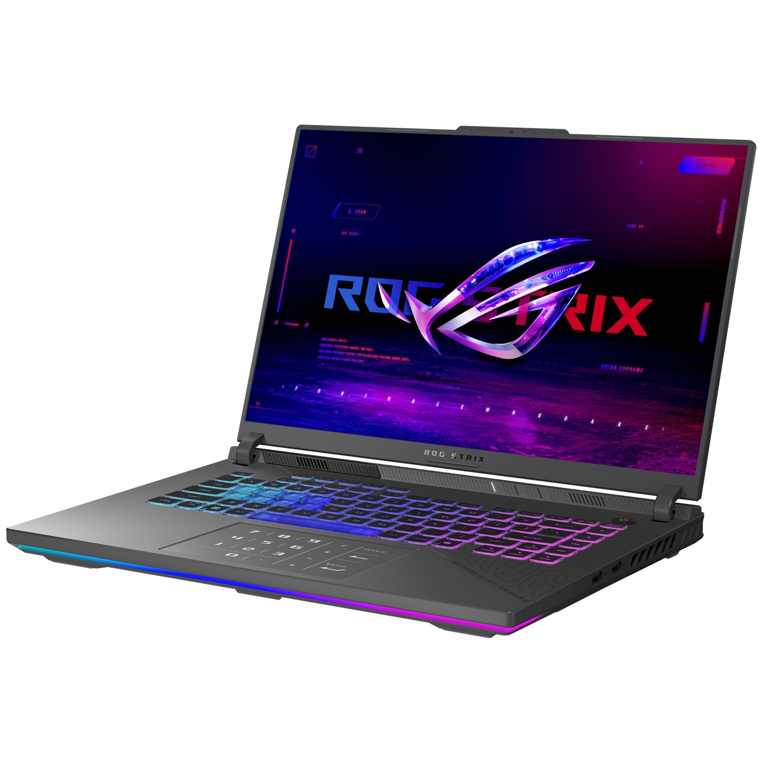 Een laptop met het ROG Strix logo op het scherm. Het toetsenbord heeft RGB-verlichting. De laptop staat op een witte achtergrond.