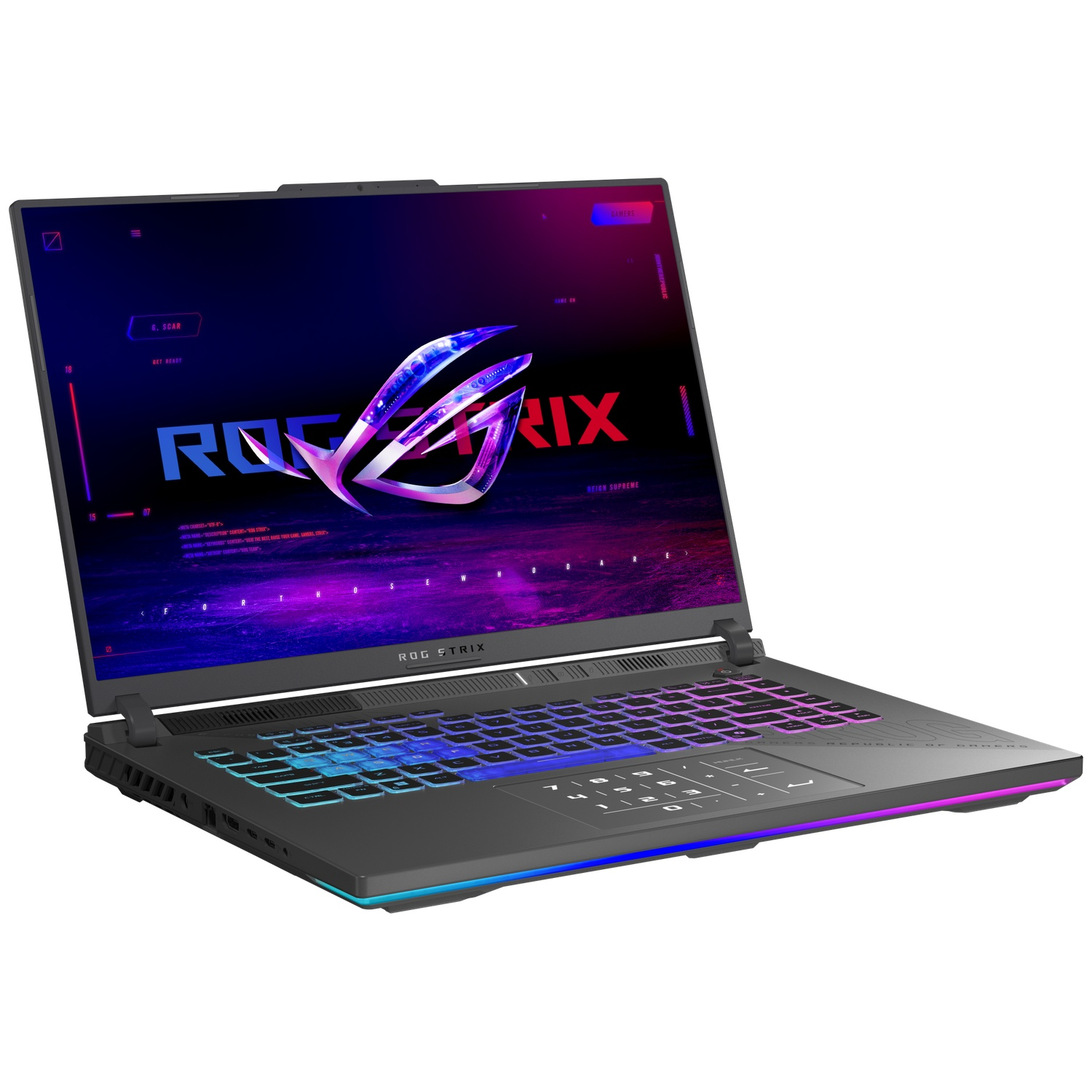 Een zwarte ROG Strix laptop is open. Het scherm toont een logo en tekst. Het toetsenbord heeft kleurrijke lichten.