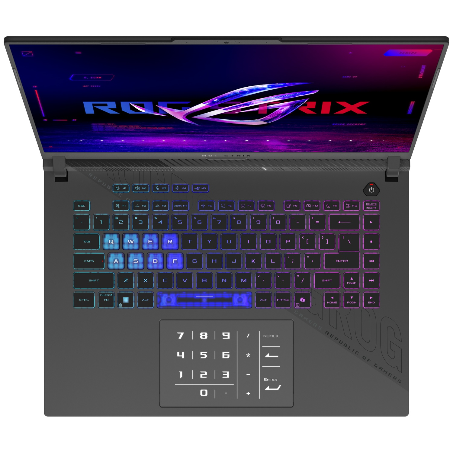 Open laptop, met toetsenbord en scherm. Scherm toont ROG-logo. Toetsenbord heeft toetsen met achtergrondverlichting. Laptop is grijs.