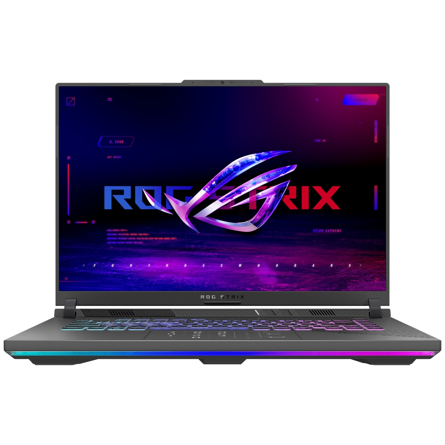 Een laptop met een verlicht toetsenbord en scherm met een logo. Het scherm heeft een paarse en blauwe gradiënt. Het toetsenbord is verlicht met kleuren.