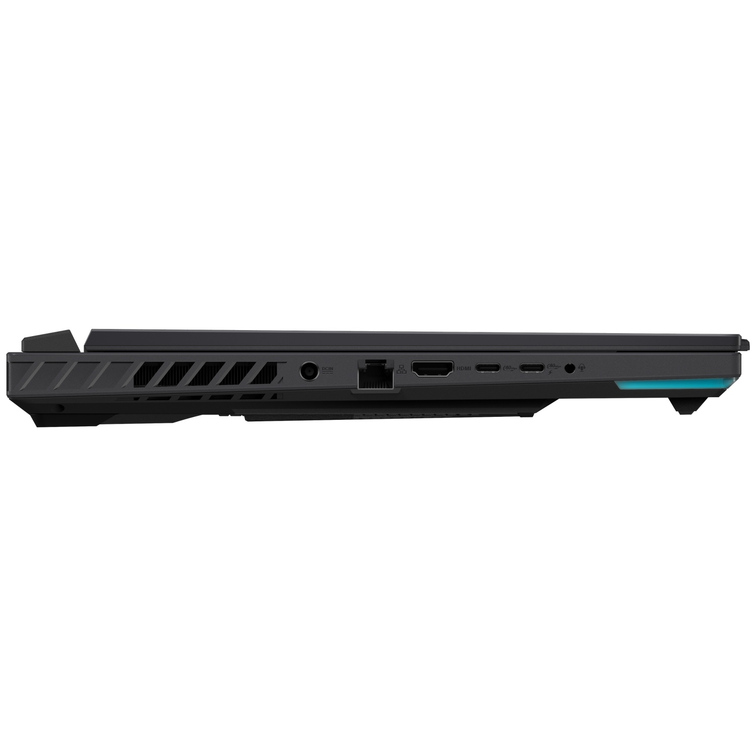 Zijaanzicht van een zwarte laptop. Zichtbare poorten zijn DCIN, HDMI, USB-C en audio-aansluiting. Een blauw licht accentueert de rand.
