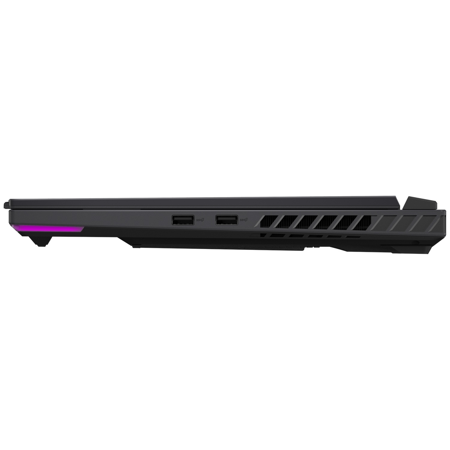 Zijaanzicht van een zwarte laptop. Het heeft USB-poorten en ventilatieopeningen. Er is een paars licht aan de linkerrand.