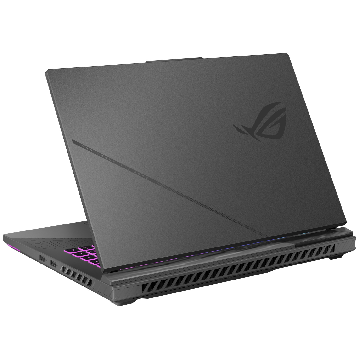 Een donkergrijze laptop is iets open, met het toetsenbord zichtbaar. De achterkant heeft een logo en tekst. Het toetsenbord heeft gekleurde lichten.