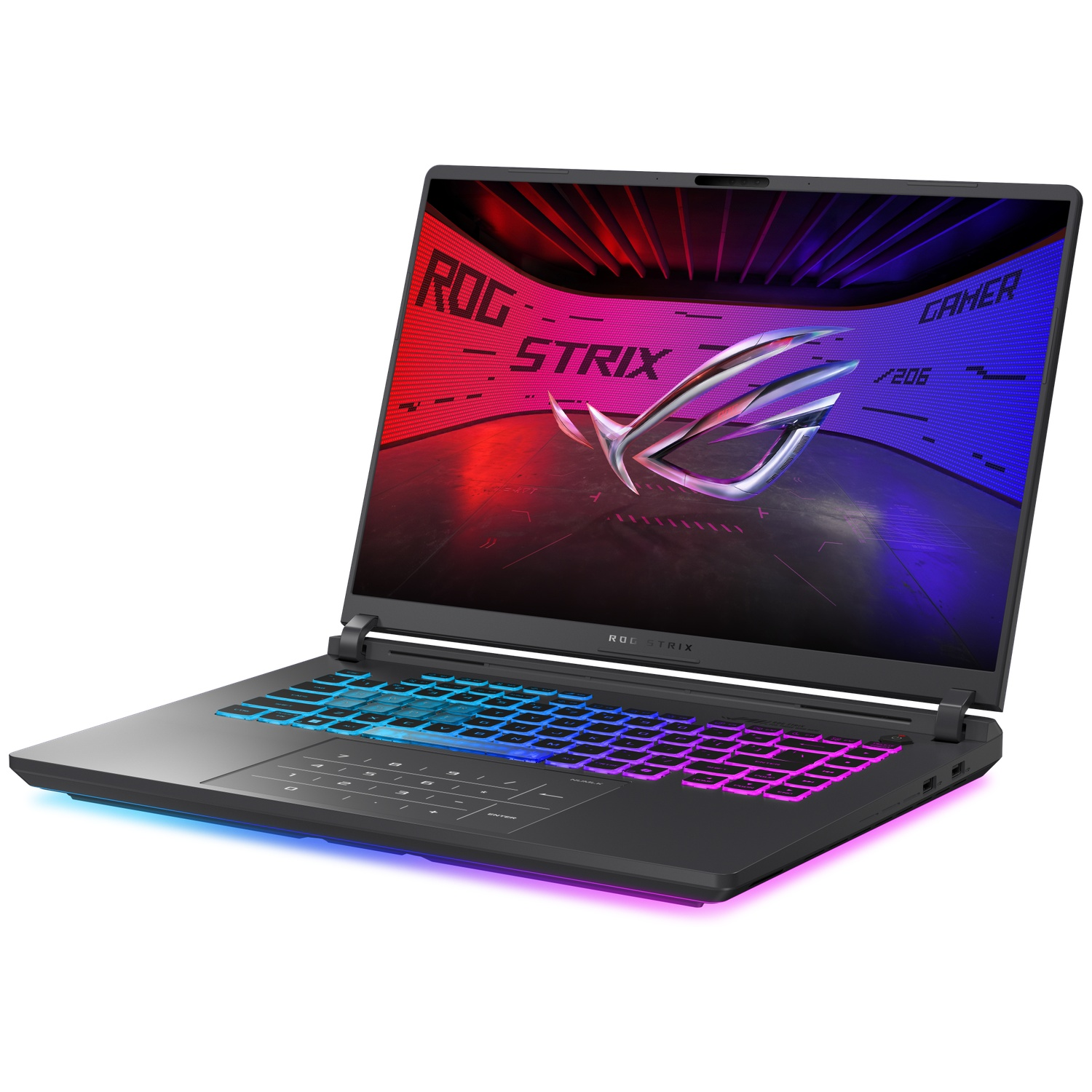Een zwarte ASUS ROG Strix laptop. Het toetsenbord heeft RGB-verlichting. Het scherm toont ROG- en Strix-logo's met een rode en blauwe gradient.