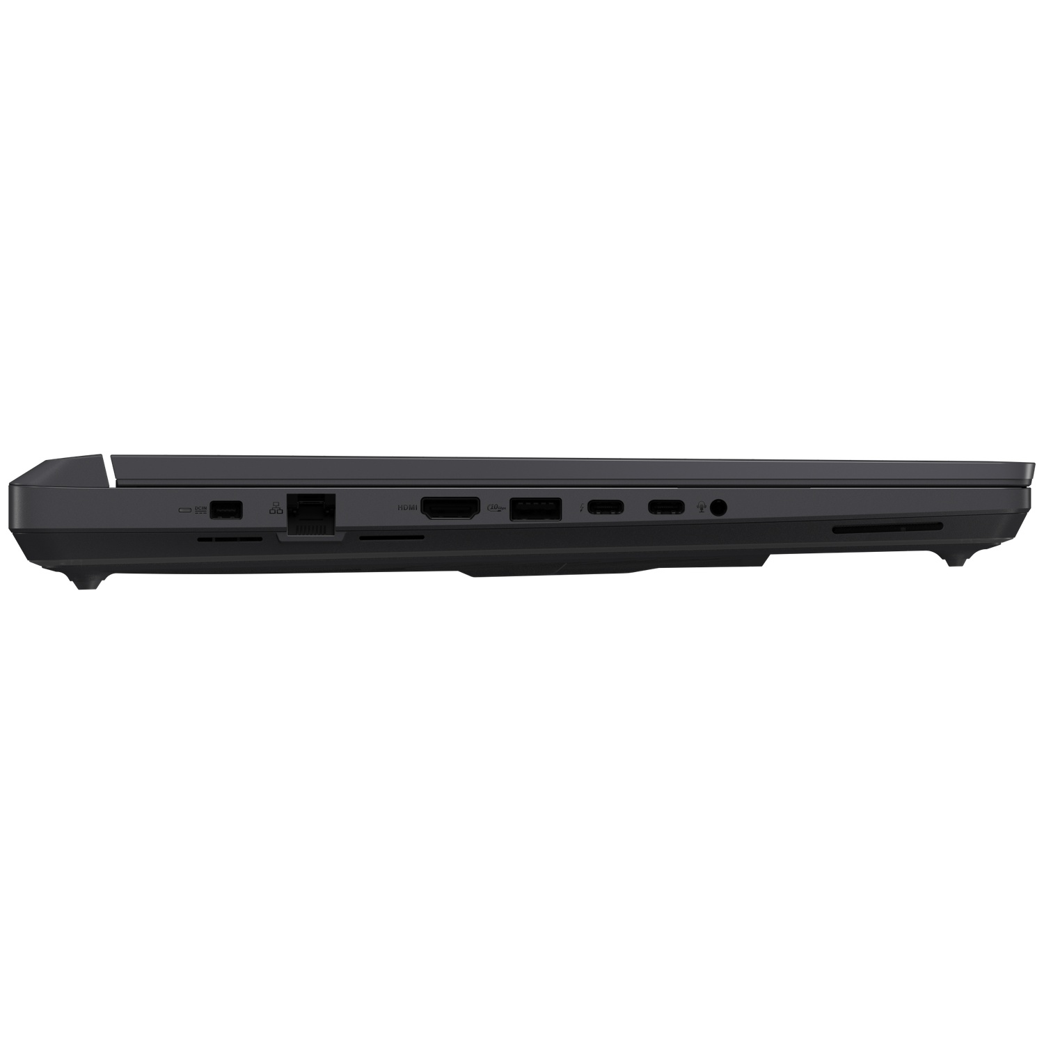 Zijaanzicht van een donkergrijze laptop met poorten: SD-kaart, Ethernet, HDMI, USB en audio-aansluiting. Op een witte achtergrond.