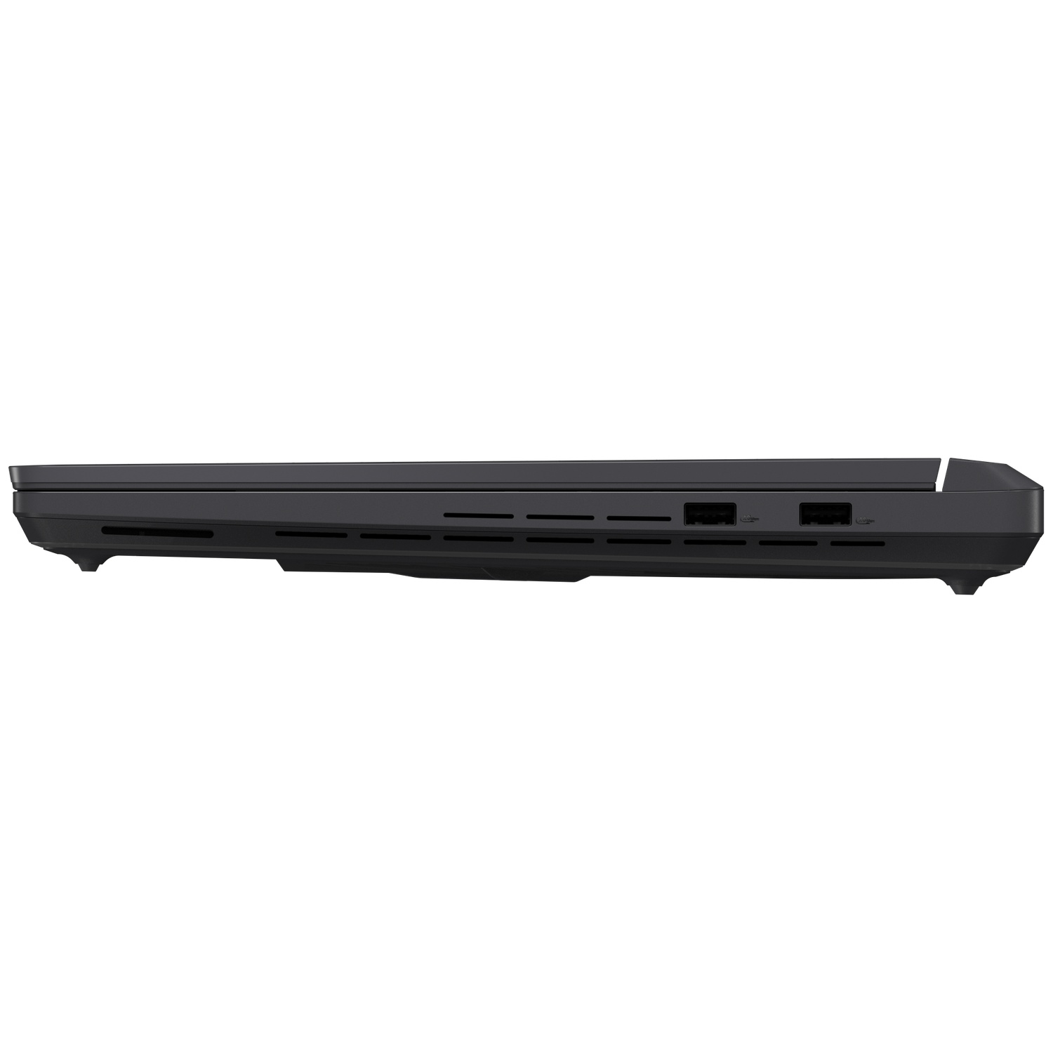 Zijaanzicht van een zwarte laptop. Toont poorten en ventilatieopeningen. De achtergrond is wit.