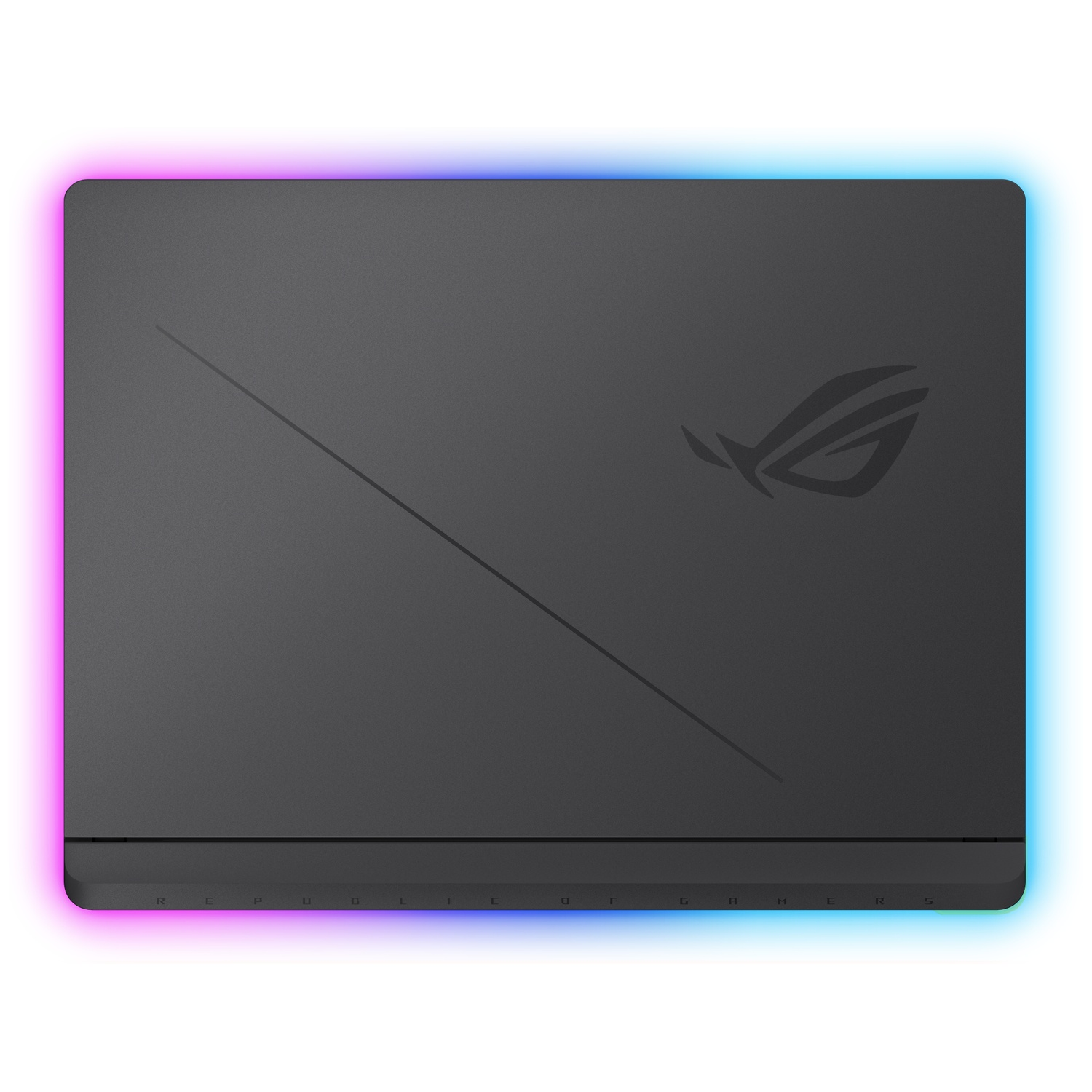 Grijze laptopdeksel met kleurrijke lichtrand. Het ROG-logo staat rechts. Een diagonale lijn in het midden.