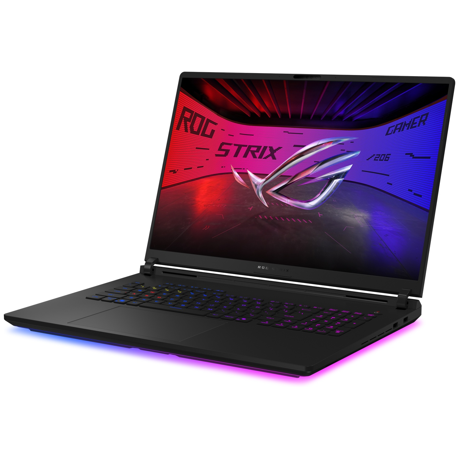 Black gaming laptop with a lit screen showing ROG Strix. The keyboard has colorful lights. The base has a color gradient.