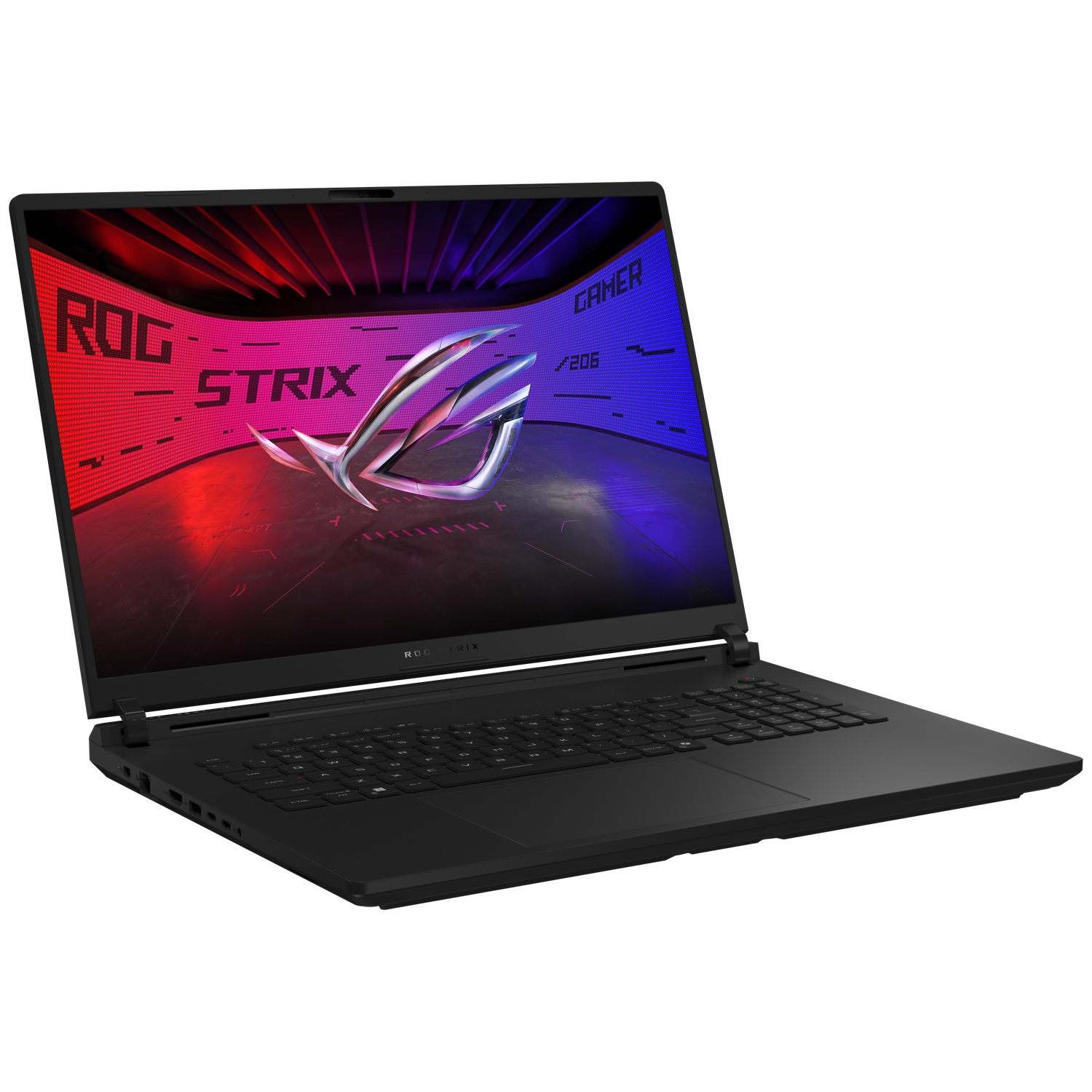 Black laptop with ROG Strix logo on screen. Screen shows red and blue gradients. Keyboard is visible. White background.