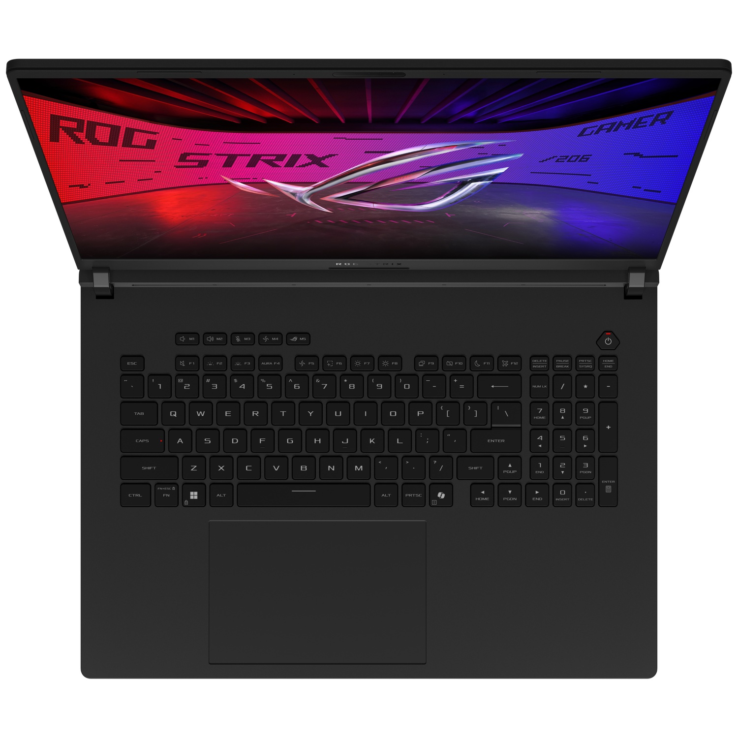 Black laptop, open. Keyboard visible, with screen displaying ROG STRIX logo.  The background is black.