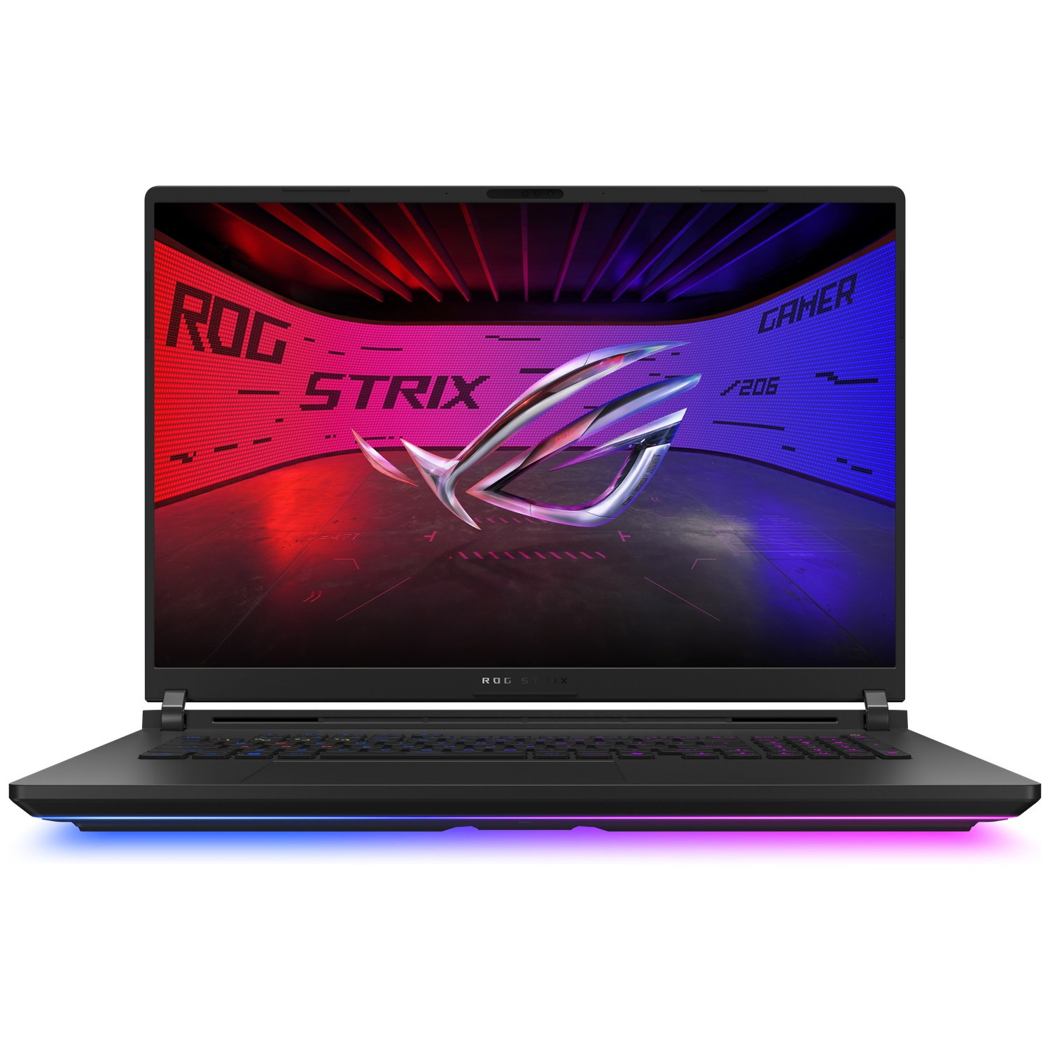 A black ROG Strix gaming laptop is open. The screen shows a logo and text. The keyboard has colorful keys, and the base has a light.