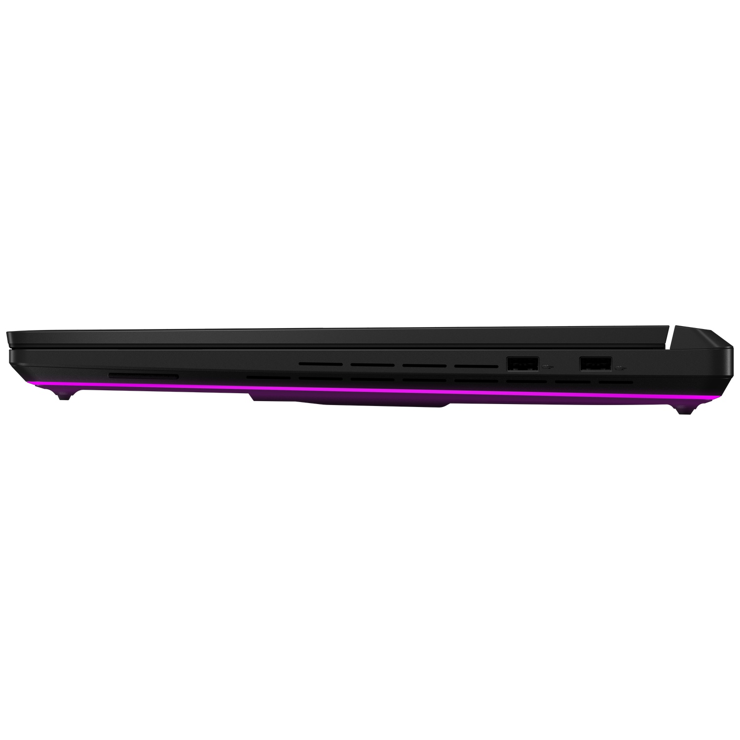 Side view of a black laptop. It has purple lights and several ports.