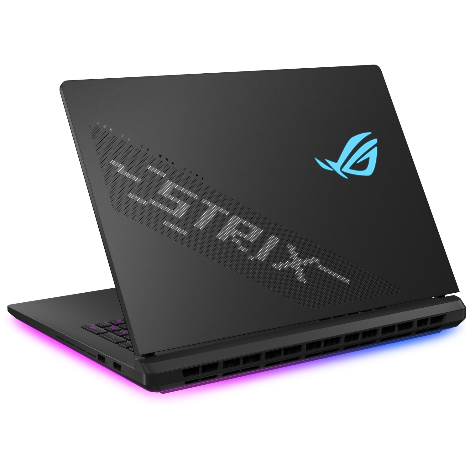 Black laptop with the ROG Strix logo. It is open, revealing the keyboard. The edge has a glowing pink and purple light.