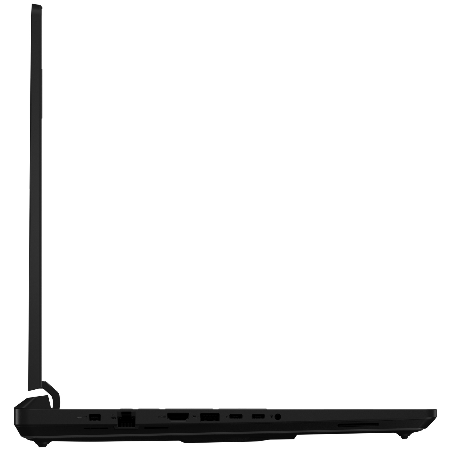 Side view of a black laptop. The screen is open. Ports are visible along the bottom edge, with a white background.