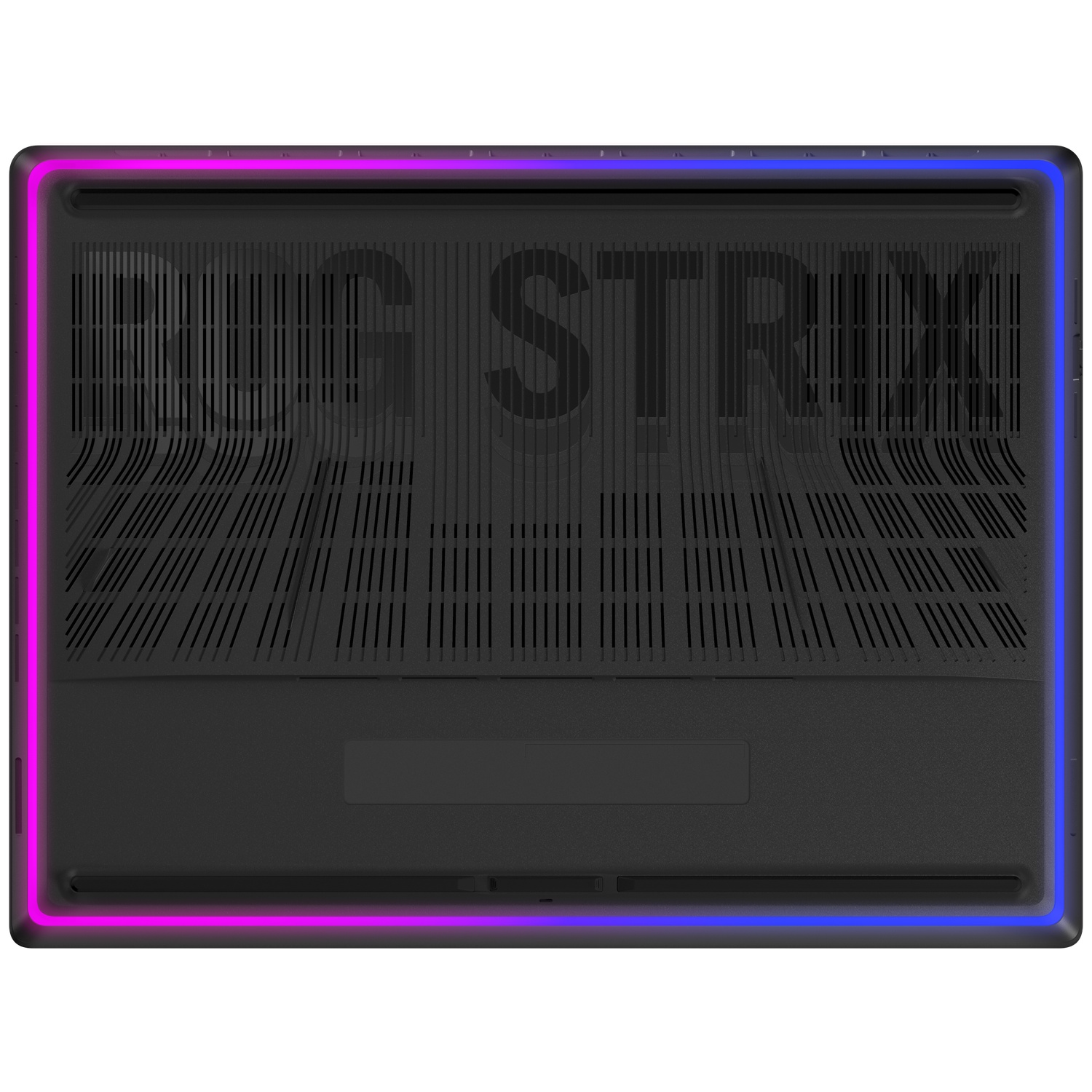 Black laptop base with RGB lighting around the edges. The text 'ROG STRIX' is visible. Ventilation slits are present.