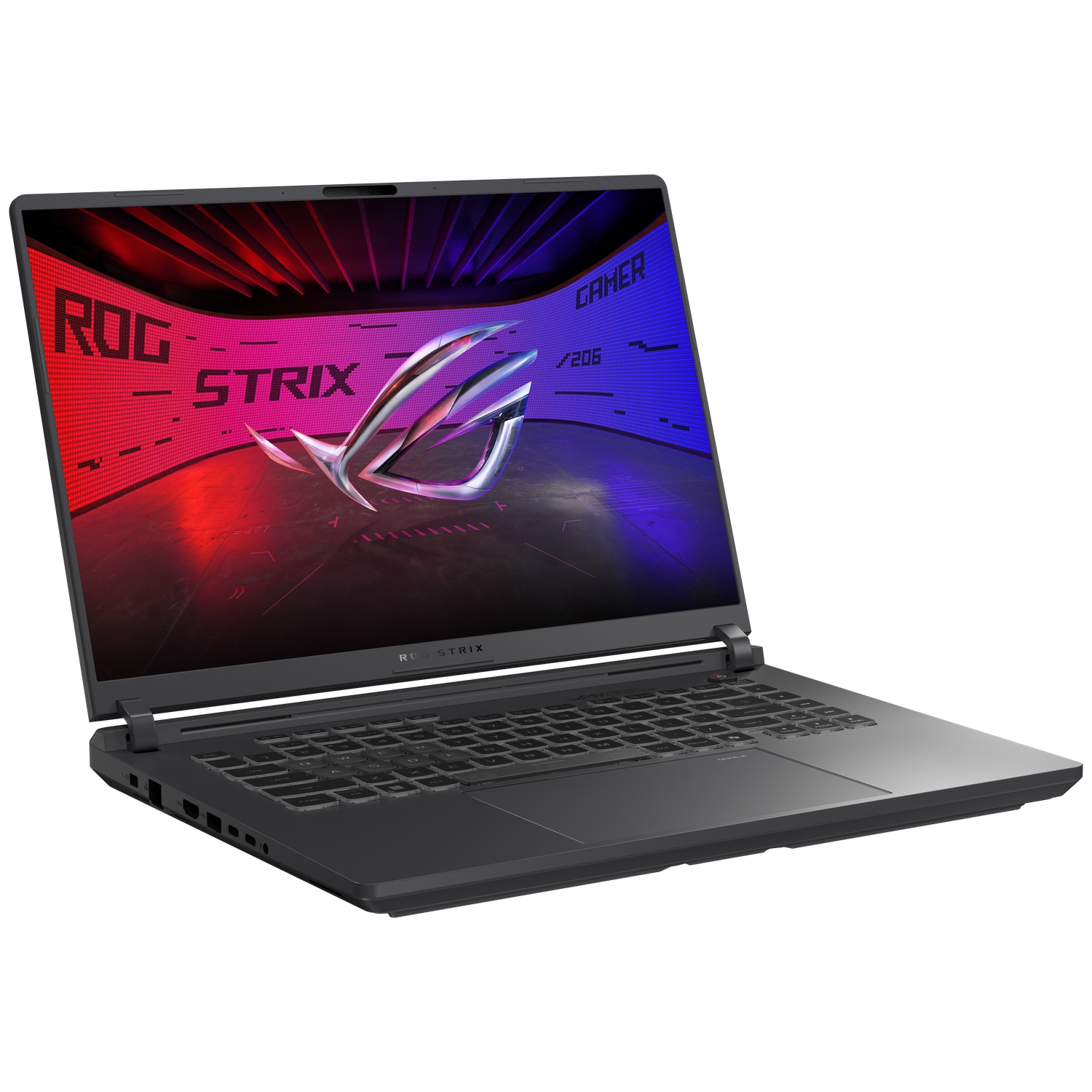A black laptop is shown at an angle. The screen displays ROG Strix logo. The background is red and blue gradient.