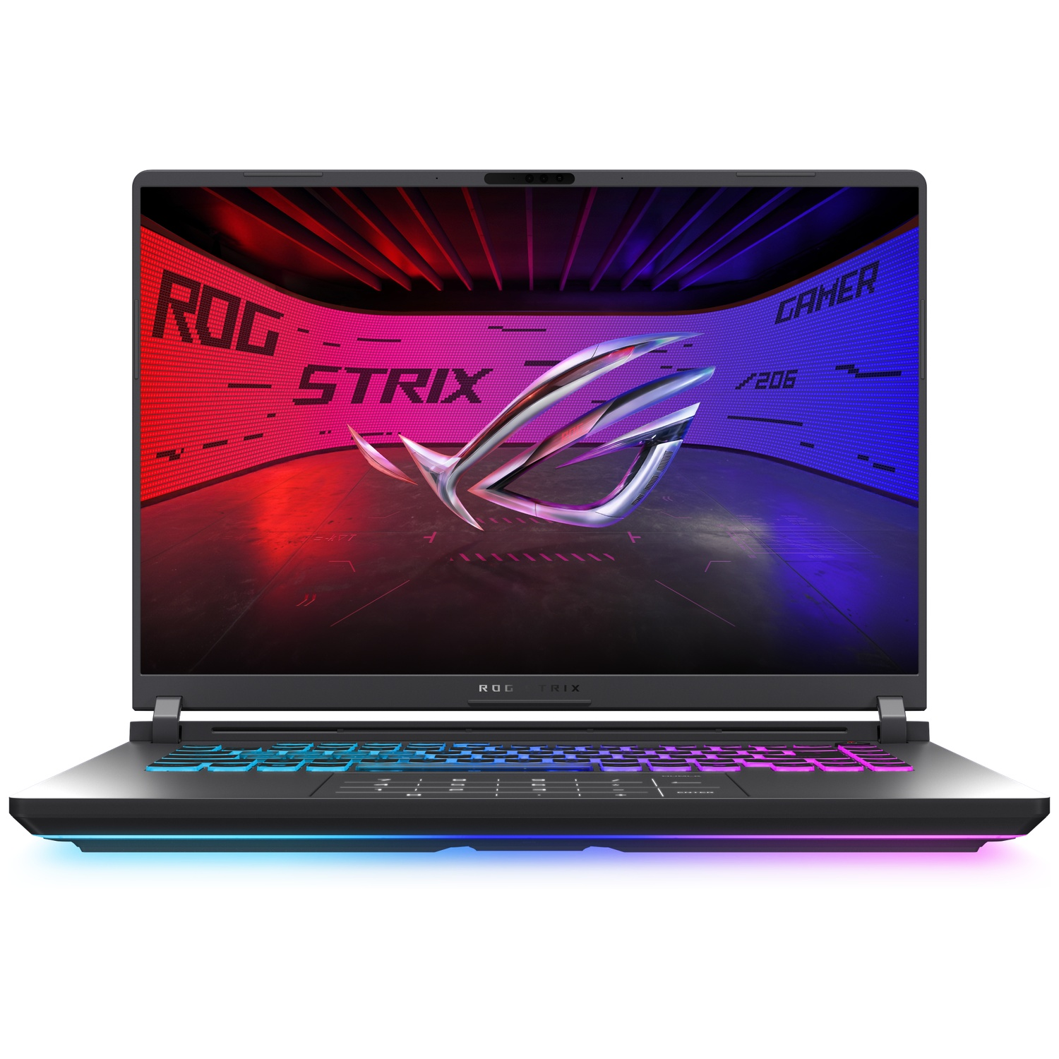 Open laptop with colorful keyboard and screen displaying ROG Strix logo. The screen has red and blue gradients.
