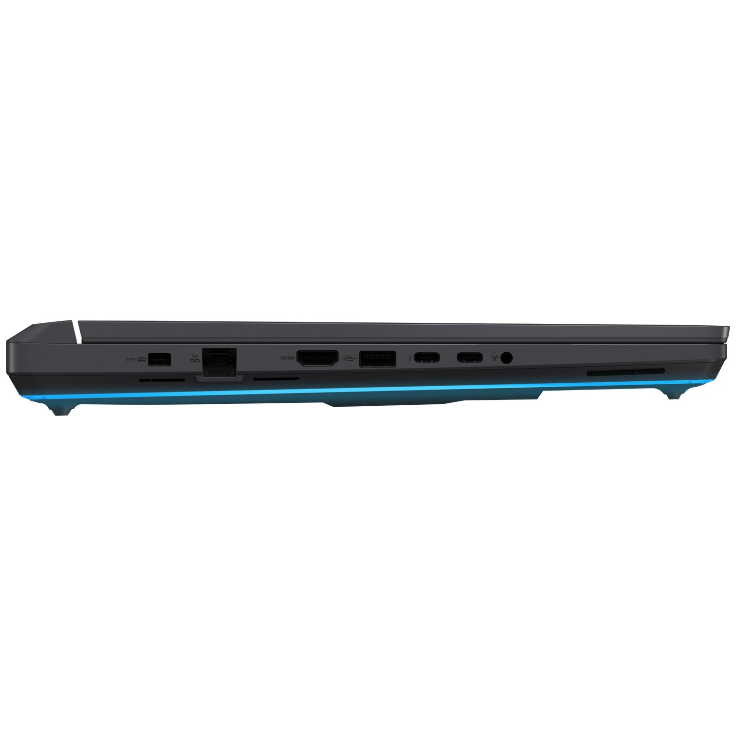 Side view of a dark gray laptop. Various ports are visible: SD card slot, Ethernet, HDMI, USB, and audio jack. Blue accent lighting.