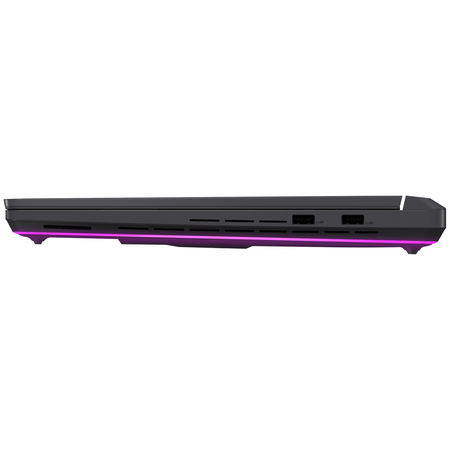 Side view of a black laptop. It has purple lights and several ports.