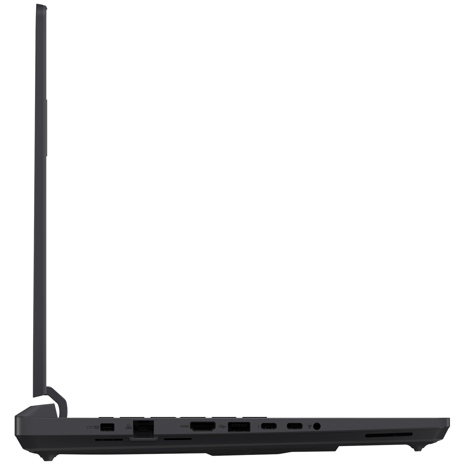 Side view of a dark gray laptop. The screen is open. Ports are visible on the side.