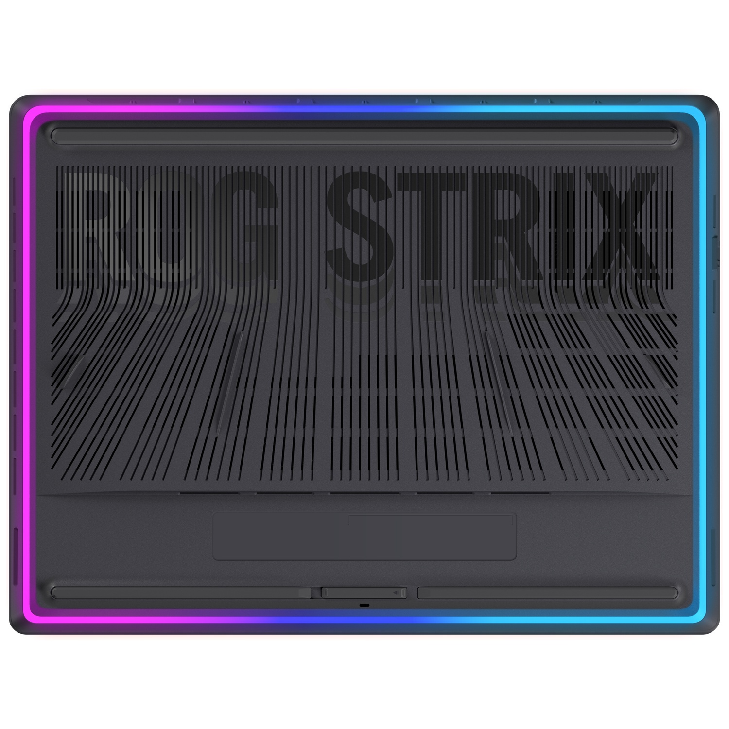 Laptop base with RGB lighting around the edges. 'ROG STRIX' is visible on the surface with vents.