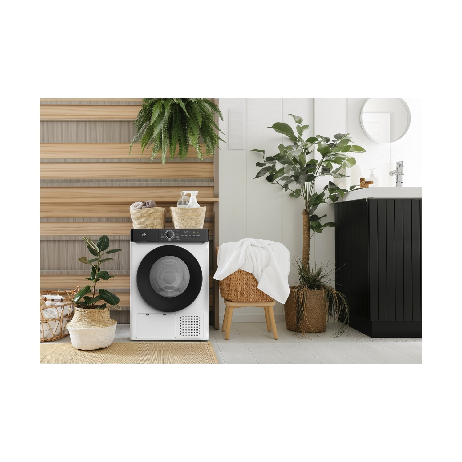 Una lavanderia moderna con asciugatrice, piante, lavabo e parete in legno. Una sedia con un asciugamano bianco si trova vicino all'asciugatrice.