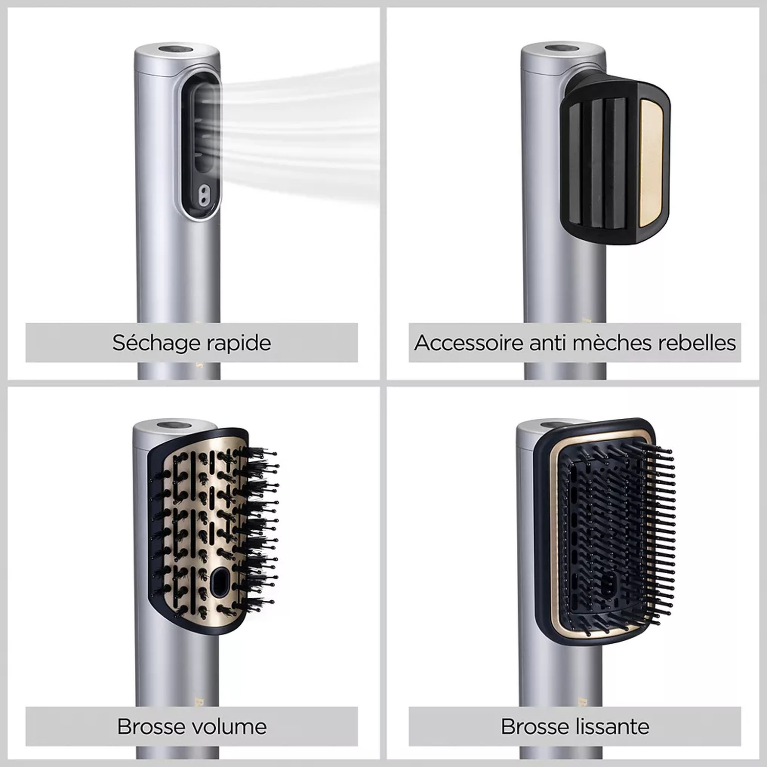 Four images show parts of a silver hair styling tool. They are labeled: fast drying, anti-frizz accessory, volume brush, and smoothing brush.