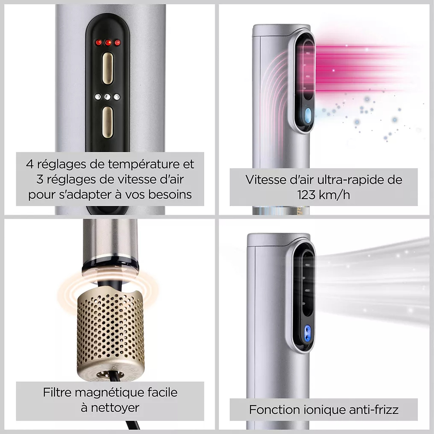 Image shows parts of a silver hair dryer. It features temperature, air speed settings, a magnetic filter, and anti-frizz ionic function.