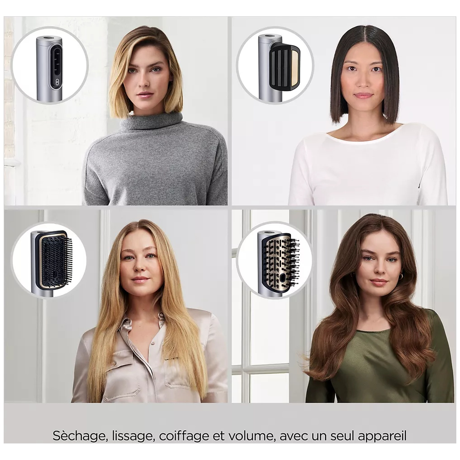 Four women with different hairstyles, each next to a hair styling tool. The image promotes the tool's ability to dry, straighten, and style hair.