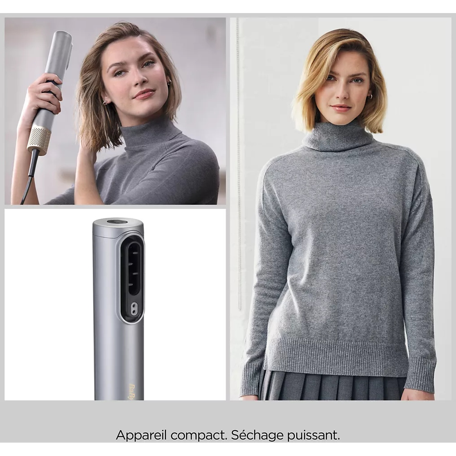 Woman in gray turtleneck with hair dryer. Product shot of hair dryer. Text: compact device. Powerful drying.