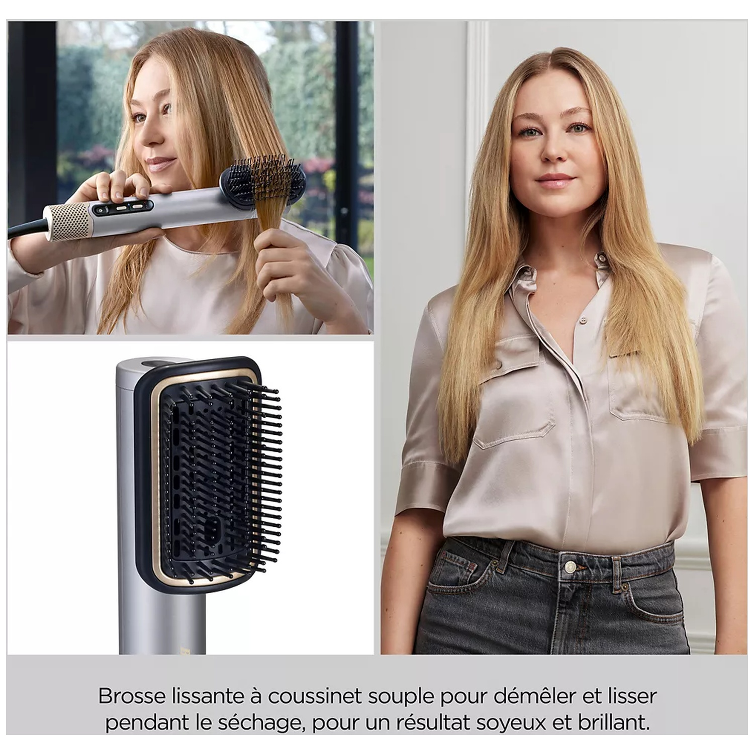 A woman uses a hair straightening brush. There is a close-up of the brush and the woman is also shown. The background is blurred.