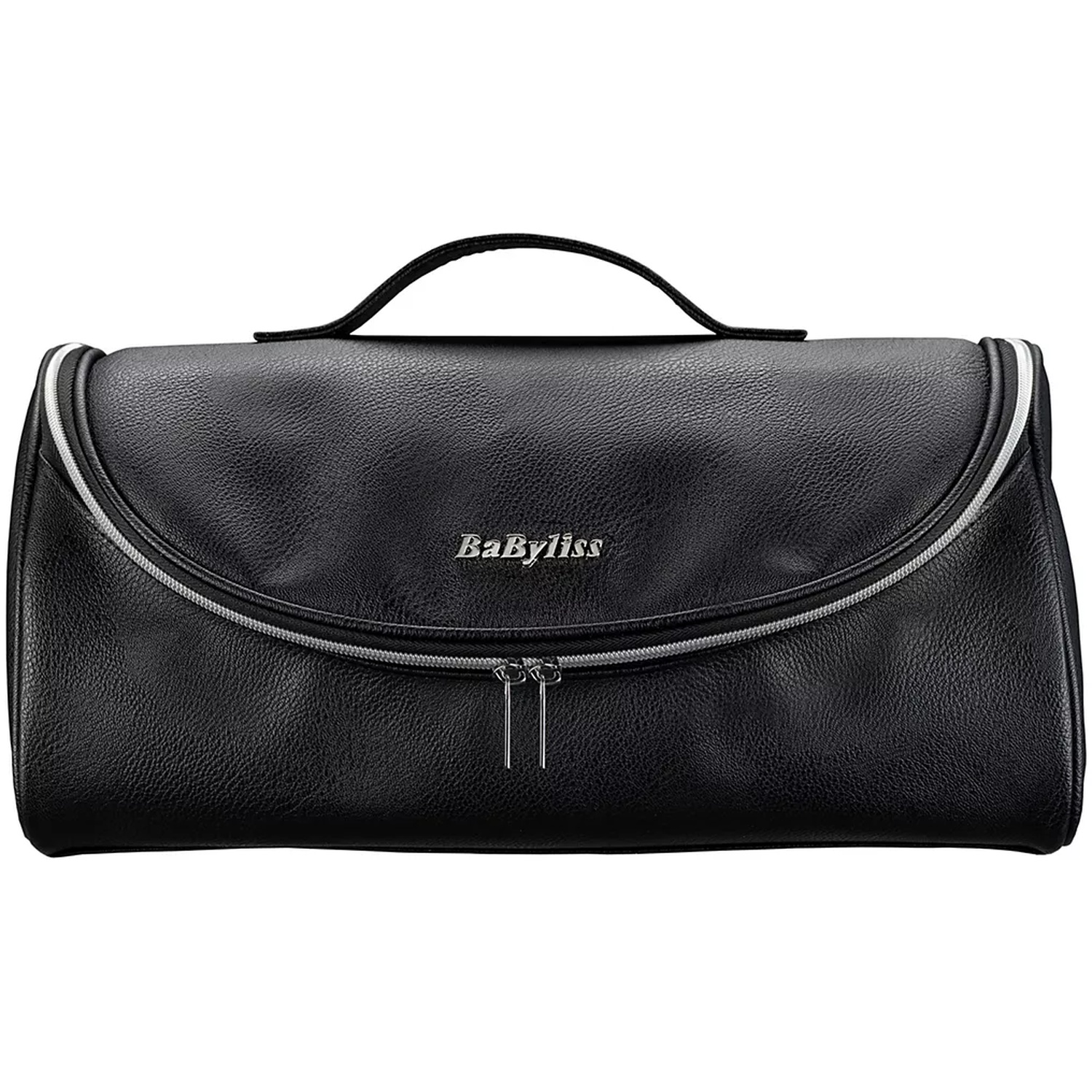 A black Babyliss travel bag. It has a zipper, silver accents, and a handle. The background is white.
