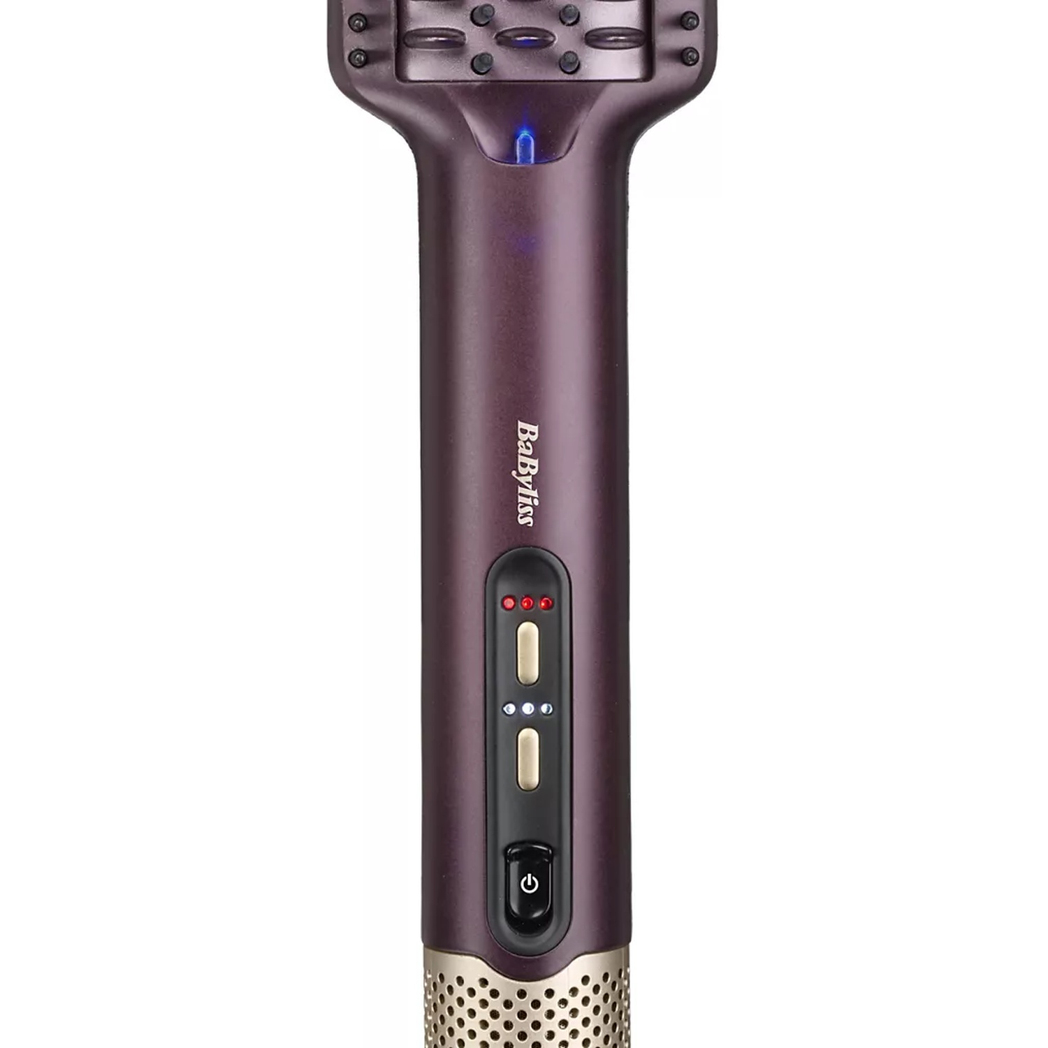 A dark purple BaByliss hair styling tool. It has buttons and indicator lights. The bottom is gold and perforated, a power button is visible.