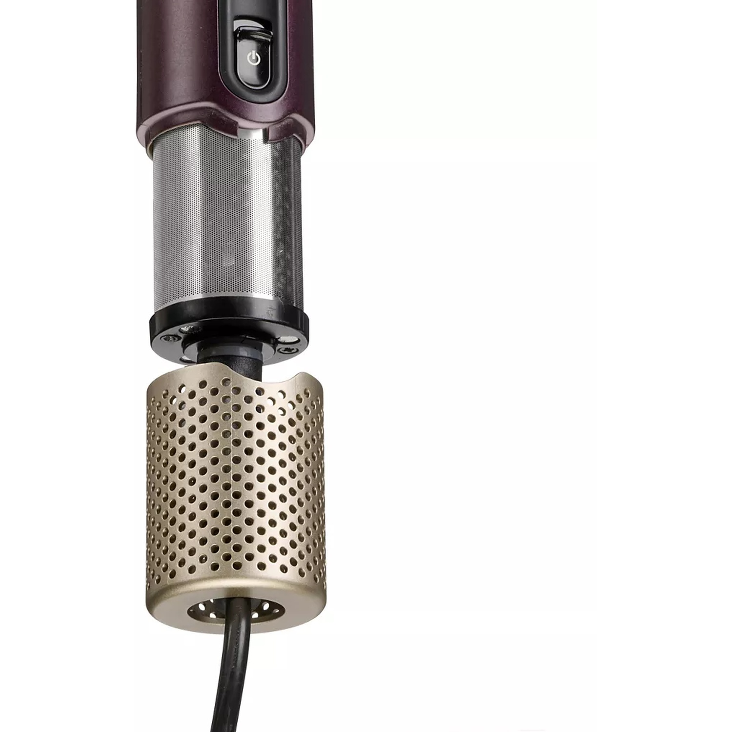 Hair dryer with detachable head. The head is gold and perforated. The main body is dark purple.