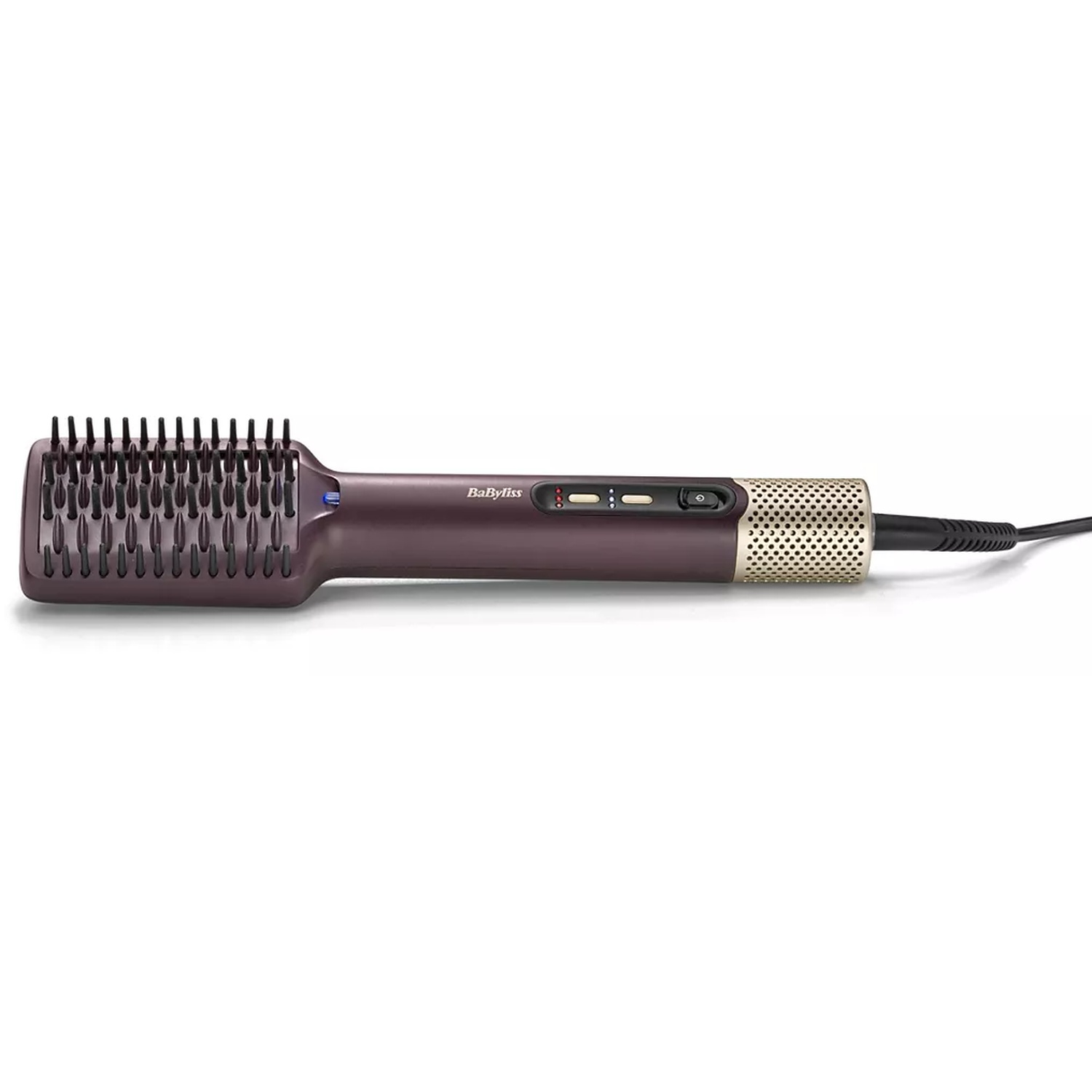A purple and gold hair styling brush. It has a comb part and a handle with buttons and power cord.