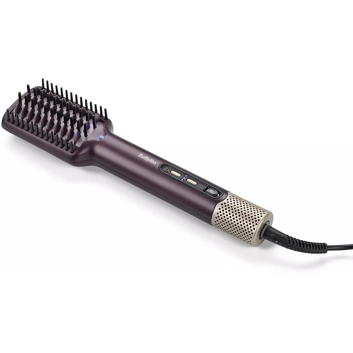 A dark purple Babyliss hair straightening brush lies on a white surface. It has black bristles and a metallic handle with buttons.