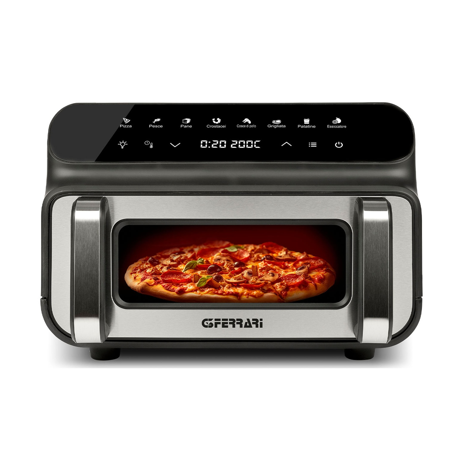Un forno friggitrice ad aria con una pizza all'interno. Ha un display digitale e varie opzioni di cottura. Il forno è nero e argento.