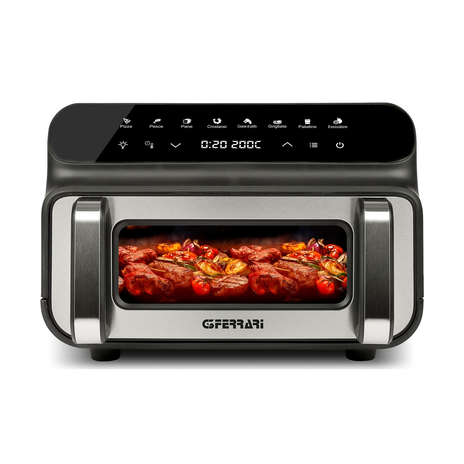 Una friggitrice ad aria con display digitale che mostra ora e temperatura. All'interno, cibo cotto. Il marchio è visibile.