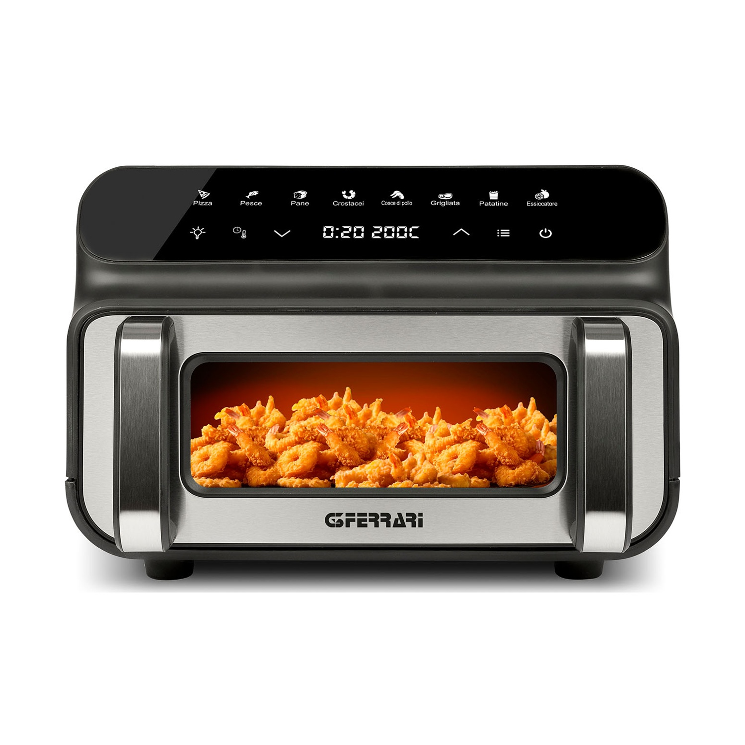 Una friggitrice ad aria con display digitale. All'interno, cibo fritto visibile. Il marchio è in basso a destra.