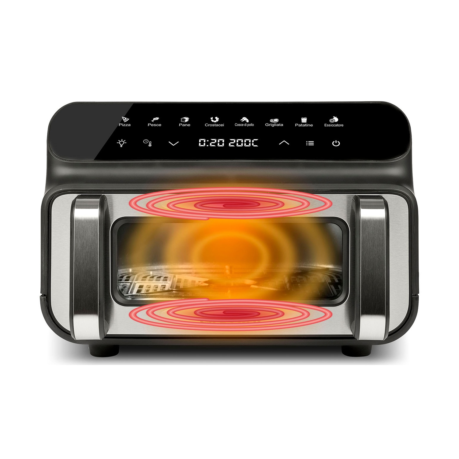Una friggitrice ad aria con display digitale che mostra ora e temperatura. All'interno, una luce arancione brillante. Comandi di cottura.
