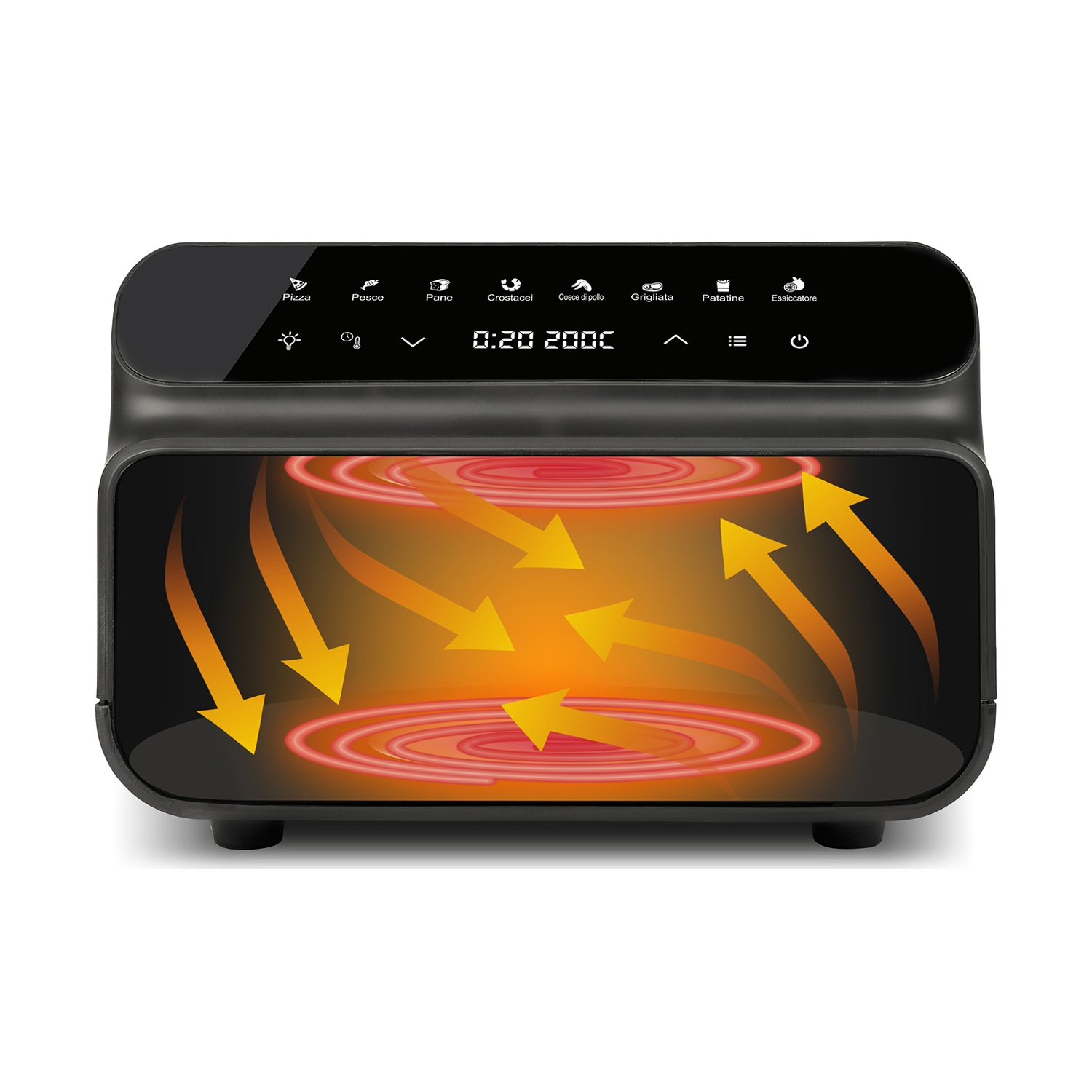 Friggitrice ad aria nera con display digitale. Le frecce mostrano la circolazione del calore. Icone per pizza, pesce, pane e altro.