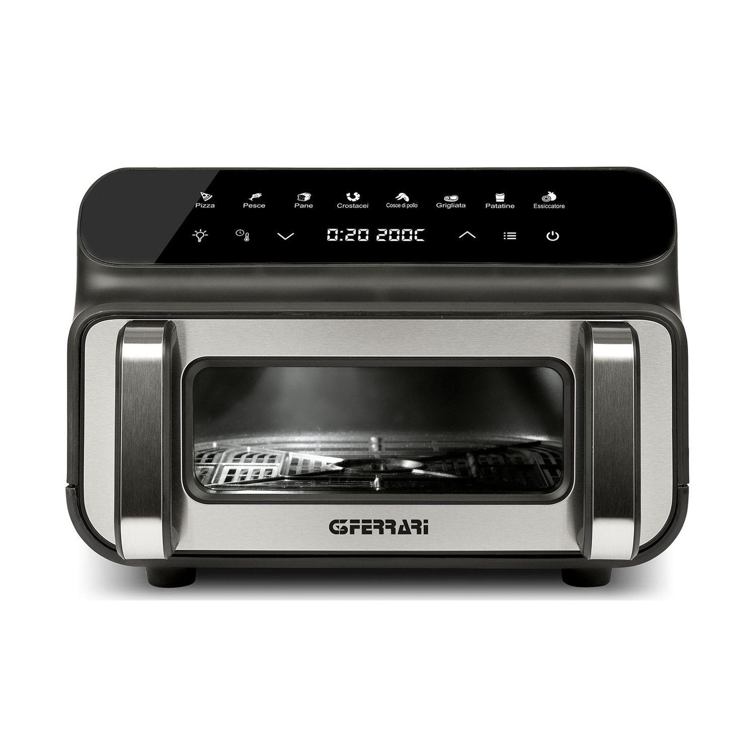 Un forno da banco nero e argento con display digitale che mostra le opzioni di cottura e il tempo. Il marchio è visibile.