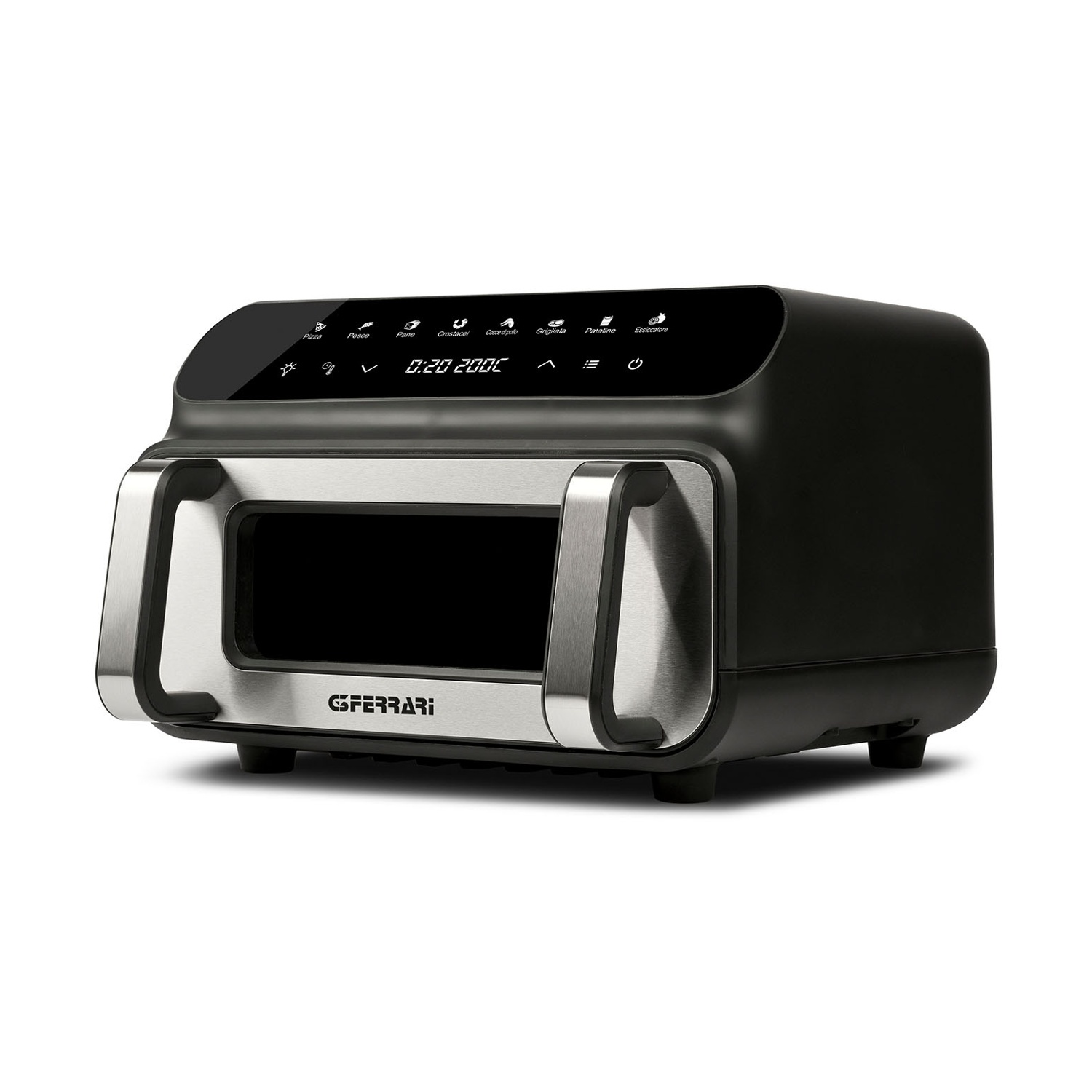Un forno GS Ferrari nero e argento con display digitale 0:20 200C e pannello di controllo con icone.