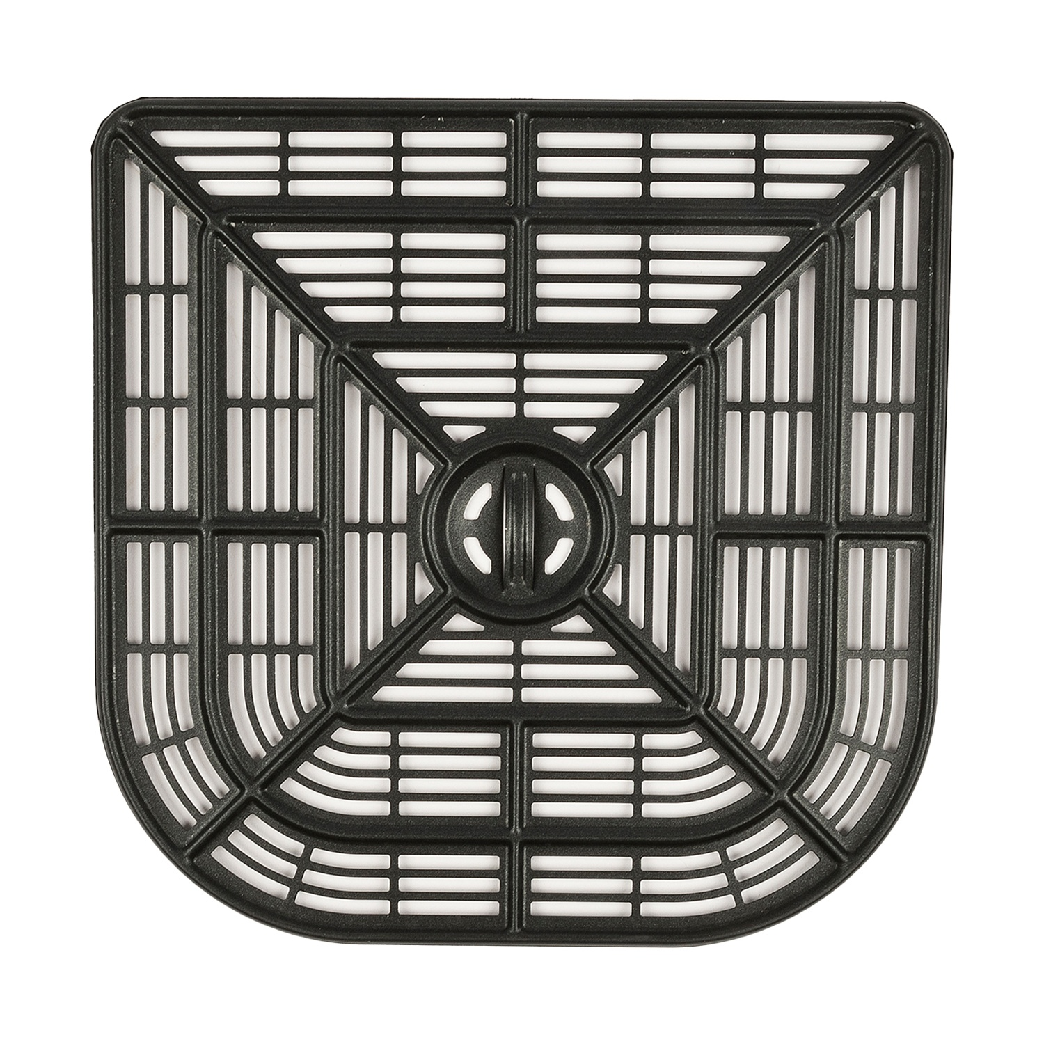 Un filtro dell'aria in plastica nera, quadrato con angoli arrotondati. Ha un motivo a griglia di fessure orizzontali e verticali.