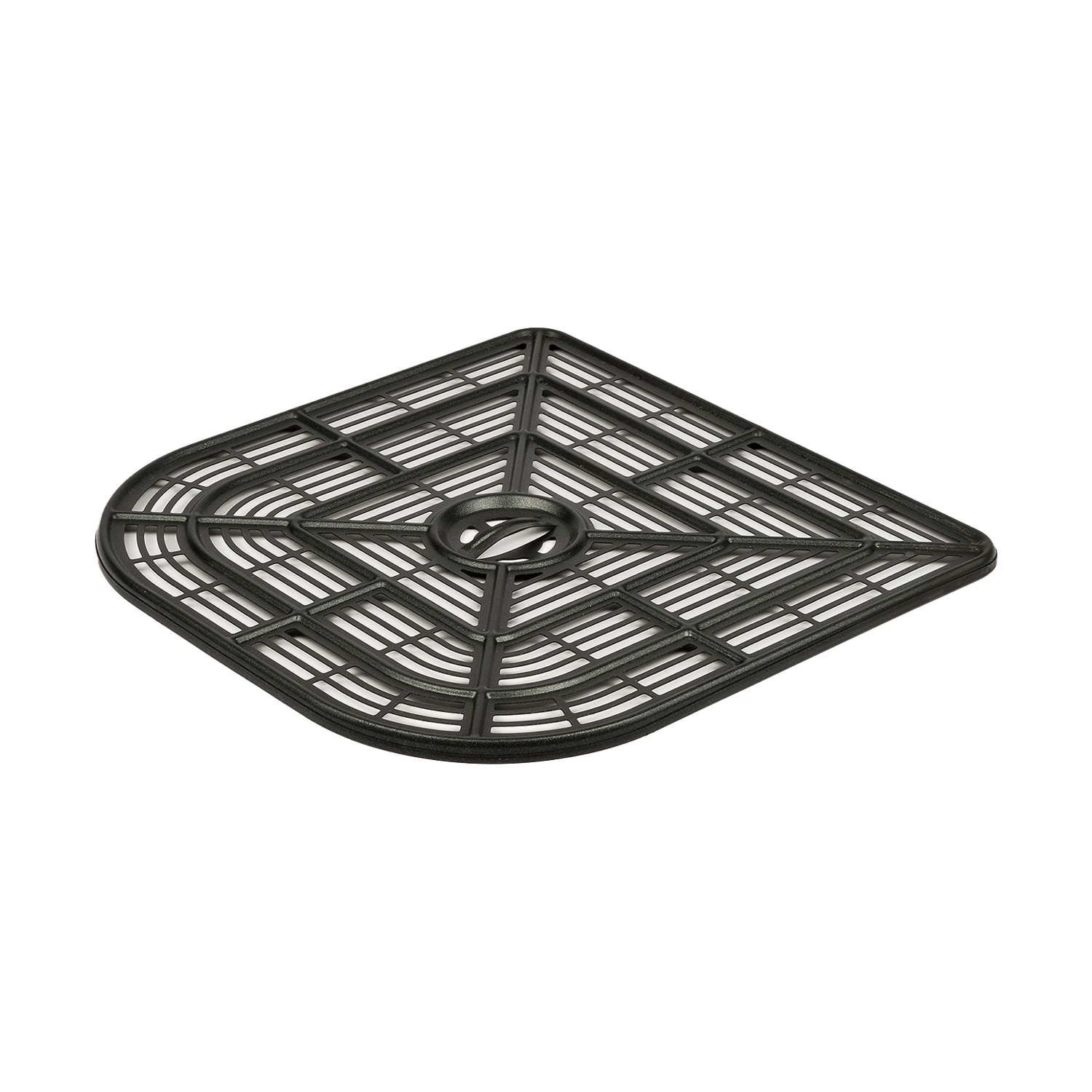 Filtro aria in plastica nera a forma di rombo con apertura circolare centrale. Presenta linee orizzontali e curve.